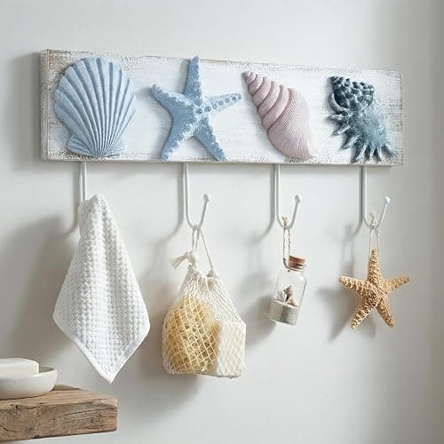 TideAndTales Beach Decor Seashell Wall Hooks Towel Rack for Bathroom, Bedroom or Kitchen | 4 Strong Hooks | Ocean Theme Beach House Decor thumbnail 2