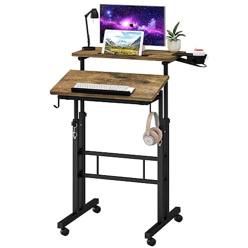 Klvied Rolling Mobile Desk with Cup Holder, Portable, Adjustable Height Small Stand up Desk on Wheels for Home Office Laptop Cart, Computer, Standing or Sitting,Oak - Image 1