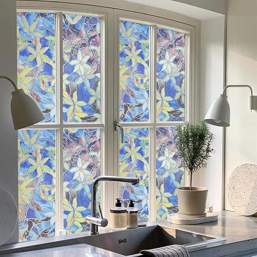 JOLIHOME Gebeizt Glas Fensterfolie Privatsphäre Fenster Aufkleber Blume und Blatt-Muster Dekorativ Mattiert Anti UV Statisch Haftend Vinyl-Folie Rolle für Haus Schlafzimmer Schutz 44.5x200cm thumbnail 4