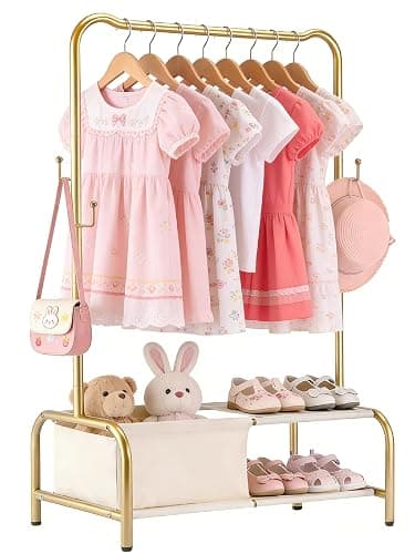 Atrastout Kids Clothing Rack-Portable Kids Clothing Rack with Storage Shelf - Toddler Garment Organizer for Baby Clothes, Dance Costumes, Girls Gift Ideas(Gold) - Image 1