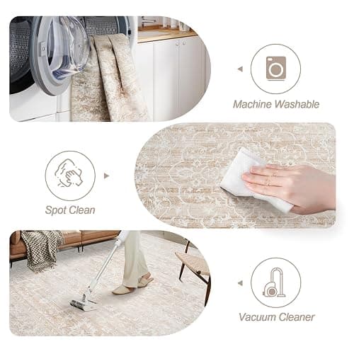 Soalmost 5x7 Area Rugs for Living Room, Beige Floral Washable Rugs for Dining Room, Bedroom, Home Office, Vintage Non-Slip Thin Rug thumbnail 4