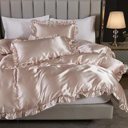 Silk Like Satin Bedding Queen Light Pink Duvet Cover Set Soft Silky Ruffle Comforter Cover Sexy Hotel Silky Bedding Sets 1 Duvet Cover 2 Pillowcases (Queen, Light Pink) thumbnail 3