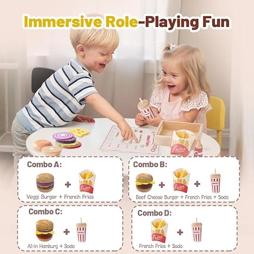Smartwo Cibo Giocattolo per Bambini, Set di Legno per Hamburger e Patatine Fritte, Fast Food Playset, Alimenti Finto, Accessori Cucinetta, Giochi in Cucina per 2 3 4 5 6 Anni, Regalo Bambino thumbnail 5