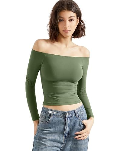 SUUKSESS Women Off Shoulder Double Lined Long Sleeve Shirts Basic Going Out Tops thumbnail 6