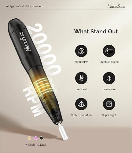 MelodySusie Electric Nail Drill Machine,PC120I Portable Electric Nail File Efile Set for Acrylic Gel Nails, Manicure Pedicure Tool with Nail Drill Bits Sanding Bands Dust Brush, Black thumbnail 4