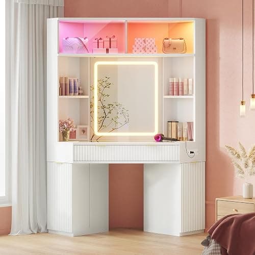 HAUOMS Corner Vanity, with Bag Showcase, LED Lights, Fluted Wood Luxury Makeup Vanity Desk with Mirror, Big Dressing Table with Glass Top, Cabinets, Shelves, Drawers, Charging Station, White - Image 1