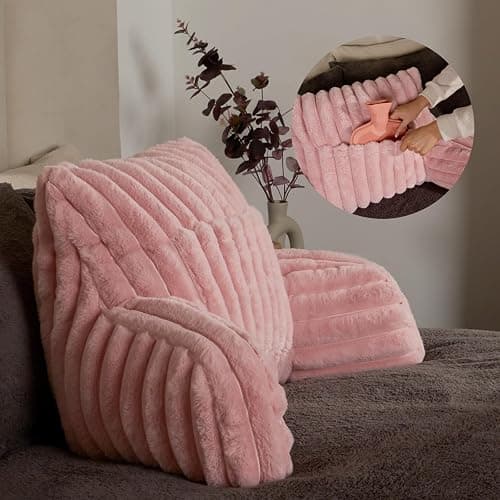 OHS Reading Pillow Faux Fur Ribbed, Heatable Pocket Cuddle Cushion for Bed Super Soft Cosy Pillow with Arms Support Pillows for Sitting up in Bed, Blush Pink - Image 1