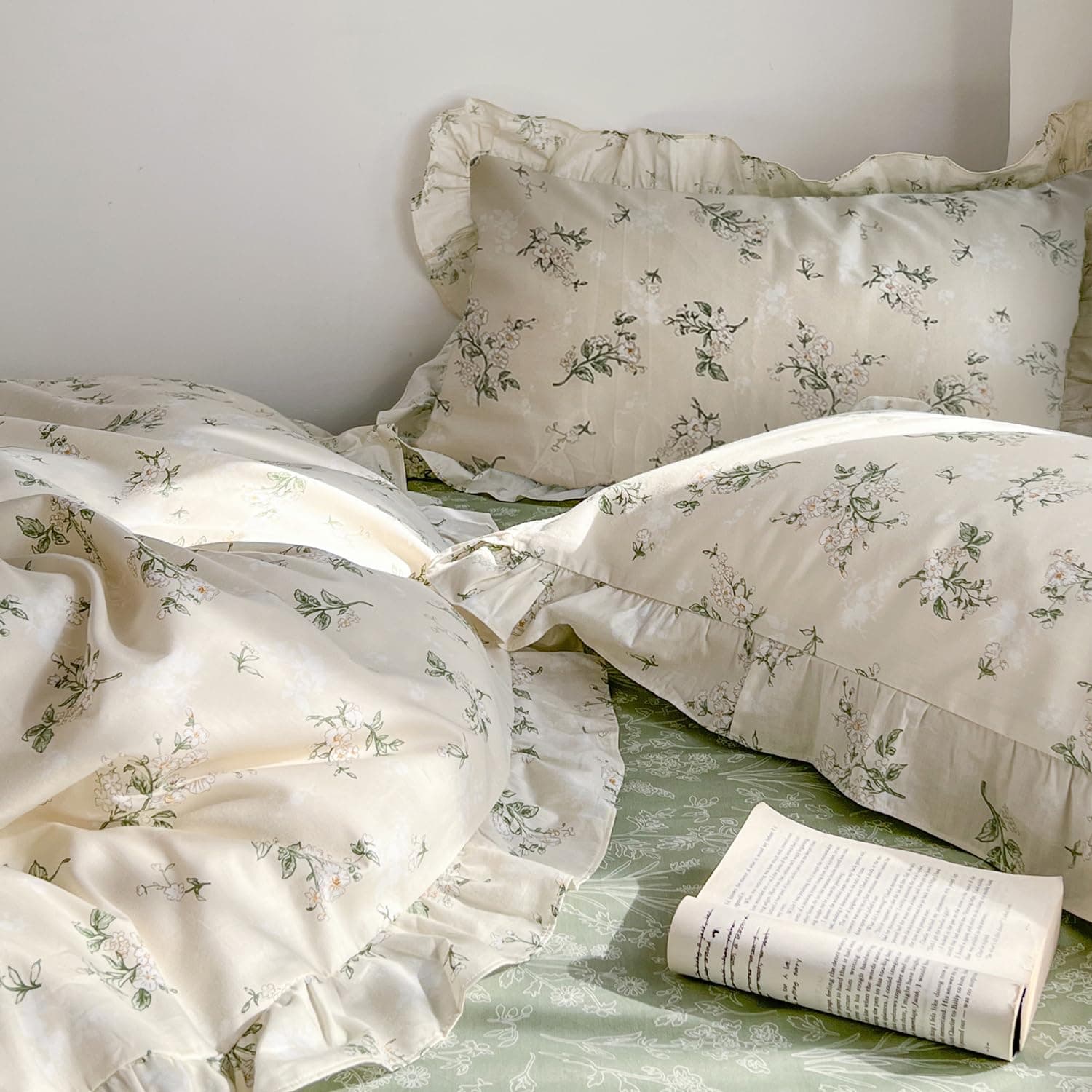 mixinni Reversible Green Floral Duvet Cover Set Full Size - 100% Cotton Botanical Bedding Set with Ruffle Lace, 3PCs Beige Soft Aesthetic Cottagecore Style Duvet Cover for Girls thumbnail 6