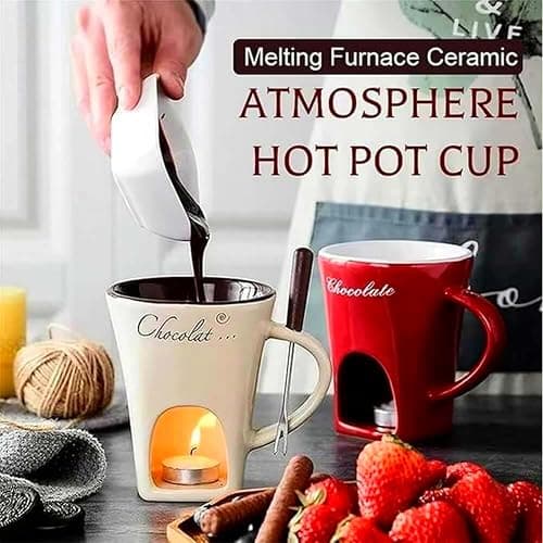 CREHNIL Chocolate Melting Mug Cheese Candy Mini Fondue Pot With Forks (Red) thumbnail 4