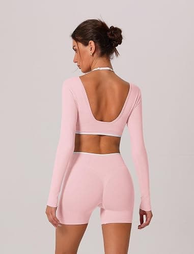 ABOCIW Workout Sets for Women 2 Piece Seamless Color Block Long Sleeve Crop Top Scrunch Butt High Waist Shorts Gym Set thumbnail 2