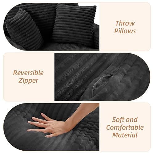 Keainvren Oversized Chaise Lounge Chair Indoor Corduroy Sofa Bed with Throw Pillows Recliner Chair Comfy Large Deep Seat Sofa Couch for Living Room, Bedroom, Apartment (Black) thumbnail 5