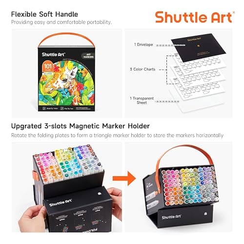 Shuttle Art 101 Colors Dual Tip Alcohol Based Art Markers,100 Colors plus 1 Blender Permanent Marker Pens Highlighters with Case Perfect for Illustration Adult Coloring Sketching and Card Making thumbnail 5