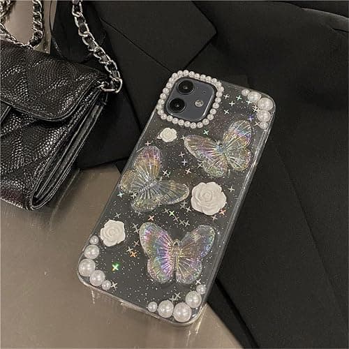 Fycyko Compatible with iPhone 14/13 Butterfly Floral Clear with Design Aesthetic Women Teen Girls Glitter Pretty Crystal Sparkle Sparkly Cute Girly Phone Cases Protective Cover+Chain-Clear thumbnail 5