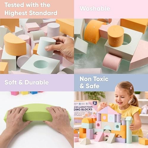 34 Large Foam Blocks for Toddlers - Pastel Stacking Soft Blocks for Kids | 34 jumbo soft EVA foam blocks in pastel colors - stack, build and float in the bath. Storage bag included. Non-toxic, ages 3+ thumbnail 6