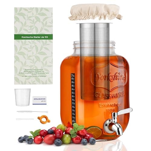 1 Gallon Kombucha Starter Kit, Glass Kombucha Jar with Spigot and Stainless Steel Mesh Filter Fermentation Kit for Home Brewed Kombucha Bottles, Includes Test Strips, Measuring Cups, Cloth Top - Image 1