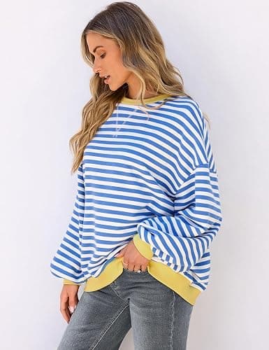 UEU Women Oversized Striped Crewneck Sweatshirt Long Sleeve Color Block Pullover Tops Casual Loose Workout Shirt thumbnail 3