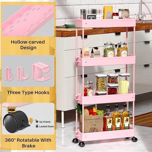 SPACEKEEPER Slim Rolling Storage Cart, 4 Tier Bathroom Cart Organizer, Pink | Narrow Rolling Cart with Wheels for Kitchen Office Bathroom Laundry Room,Mobile Utility Cart for Craft Art Makeup Nail Polish thumbnail 7