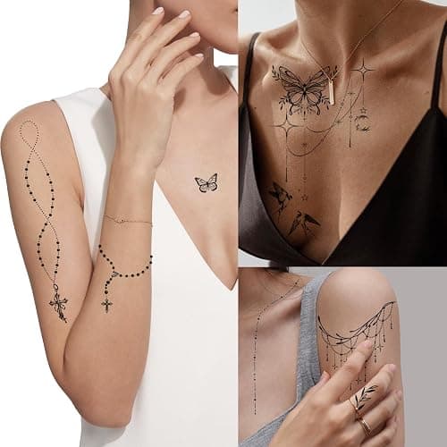 Casciybo 200+PCS Temporary Tattoos for Women, Waterproof Black Realistic Rose Hummingbird Necklace Tattoos Sketch Fake Tattoo for Women Body Art Arm Neck Hands Chest Neck Collarbone Spine Back thumbnail 5