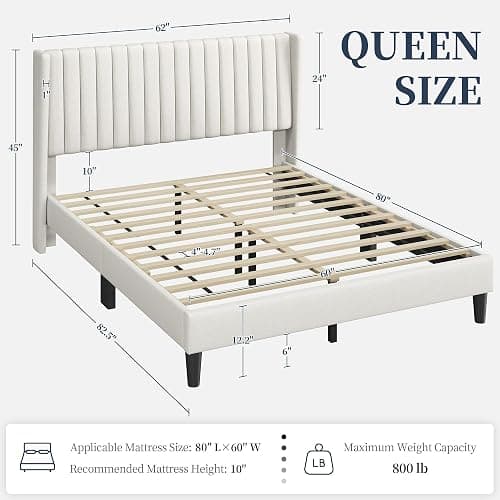 Yaheetech Queen Bed Frame Upholstered Platform Bed with Fabric Headboard, Wing Edge Design/Non-Slip and Noise-Free/Wooden Slats Support/No Box Spring Needed/Easy Assembly, Beige Queen Bed thumbnail 2