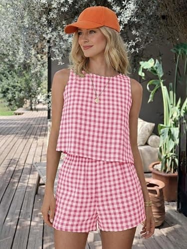 IDEALSANXUN Womens Two Piece Sets Summer Beach Spring Gingham Tank Tops and Plaid Shorts Pajama Sets thumbnail 2