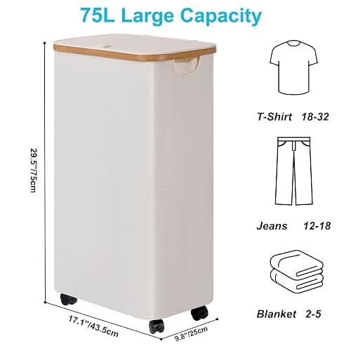 efluky Slim Laundry Hamper with Wheels, Narrow Laundry Basket with Lid and Removable Bag, Aesthetic Dirty Clothes Hamper on Wheels for Laundry Room, Bedroom, Dorm and Bathroom, 75L Beige thumbnail 3