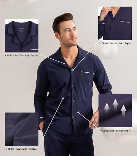 DAVID ARCHY Mens Pajamas Set Soft Cotton Notched Collar Pajamas for Men Long Sleeve Mens Sleepwear with Pockets & Front Fly thumbnail 4