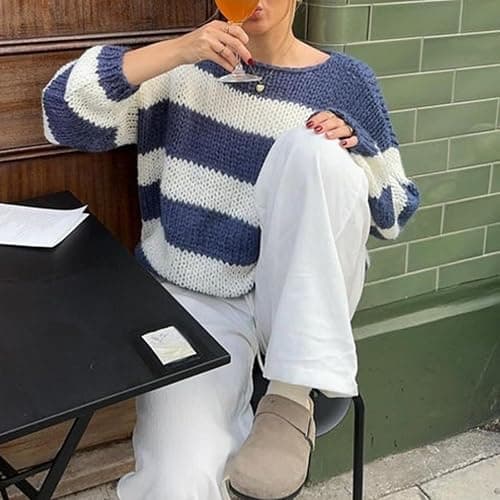 Women Color Block Striped Pullover Sweater Oversized Long Sleeve Crewneck Tops Fall Winter Warm Knitted Loose Outfit thumbnail 2