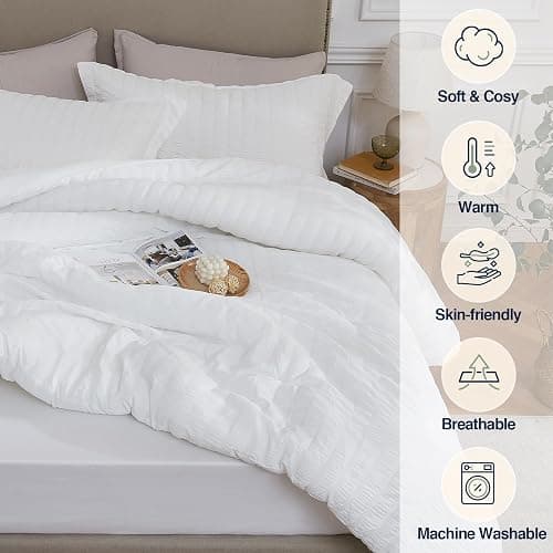Quataly White Queen Comforter Set - 3 Pieces Seersucker Lightweight Bedding Comforter Sets (1 Soft Fluffy Comforter & 2 Pillowcases) - All Seasons Cozy Modern Bed Sets thumbnail 4