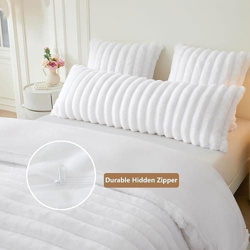 MEGO Fluffy Faux Rabbit Fur Body Pillow Cover, Soft Plush Fuzzy Wide Striped 20x54 Zippered Body Pillowcase, Decorative Shaggy Furry Bedroom Long Pillow Cover for Pregnant Women Side Sleeper, White thumbnail 5