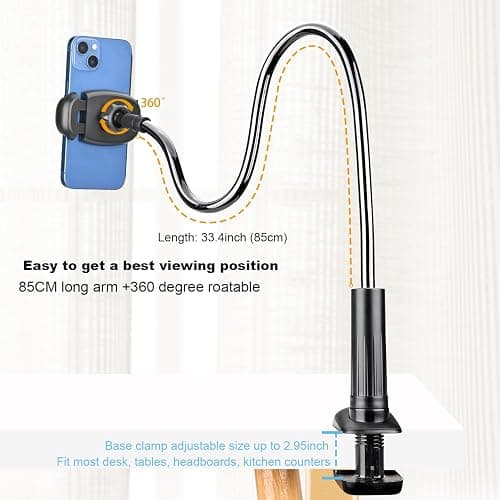 TONDA Phone Holder for Bed Desk, Gooseneck Phone Holder Stand with 33 inch Adjustable Flexible Long Arm Clip Clamp Bracket Mount for iPhone 15 Pro Max XR X 8 7 6 or Other 4-7" Devices thumbnail 3