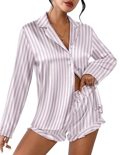 Ekouaer Womens Satin Pajama Sets Long Sleeve Top and Shorts Lounge Set Button Down Sleepwear - Image 1