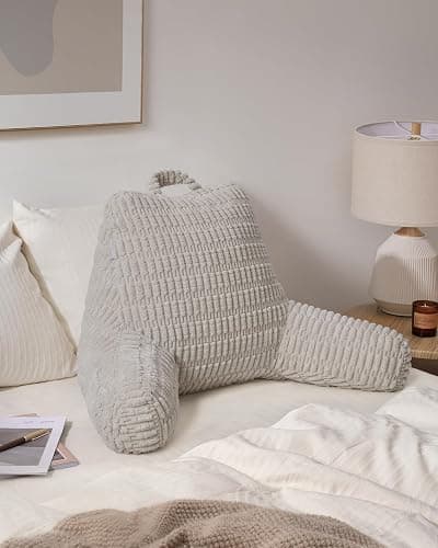Blissful Diary Reading Pillow, Backrest Pillow with Shredded Memory Foam for Adult & Children, Designed for Bed and Couch Sitting Up, Includes Arms, Pockets and Washable Cover, Light Gray thumbnail 6