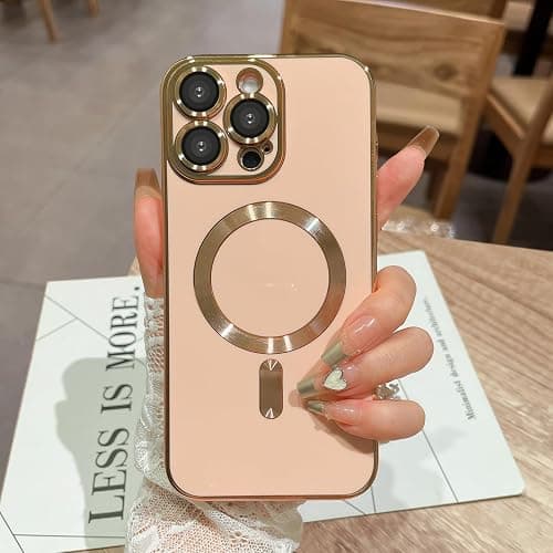 OOK Magnatic Case for iPhone 16 Pro Case [Compatible with MagSafe] Full Camera Lens Protector Gold Electroplate Edge Soft TPU Shockproof Protective Phone Case for Women Girls 6.3 Inch - Pink - Image 1