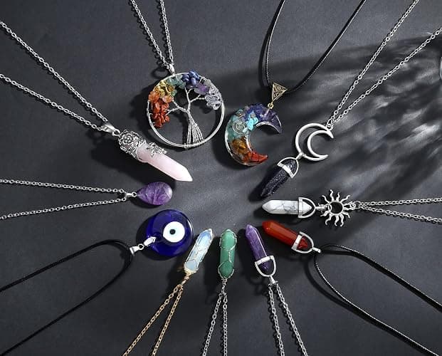 XIANNVXI 11 Pcs Crystal Necklaces for Women, Evil Eye Boho Chakra Hippie Pendant Beach Jewelry Set, Gifts thumbnail 2