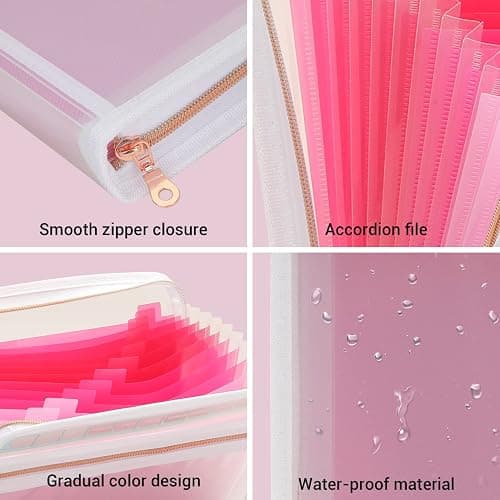 Mukawa 13 Pocket Zippered Expanding File Folder, Accordion File Organizer for Documents Letter Size A4 Papers (Pink) thumbnail 7
