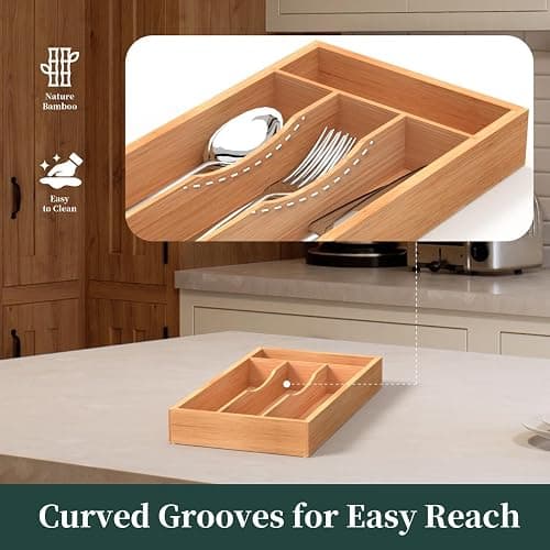 BEKVEM Small Silverware Organizer, Bamboo Kitchen Drawer Organizer, Utensil Holder, Cutlery Tray & Spoon Flatware Storage with Grooved Drawer Dividers thumbnail 3