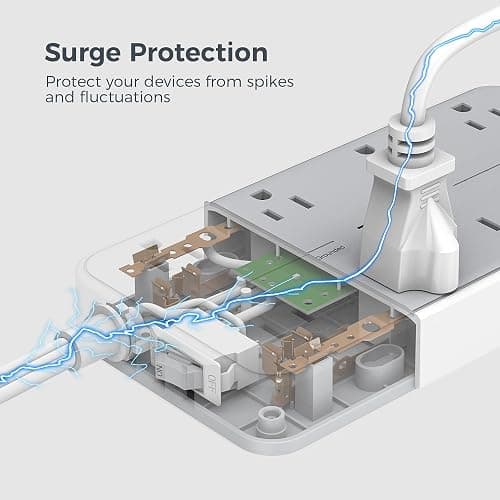 Power Strip Surge Protector 10 FT, TESSAN Flat Plug Extension Cord with 8 Outlets 3 USB Ports(1 USB C), 1080Joules Wall Mountable Multi Port Charging Station for Home Office Dorm Room Essentials - Gray - 10FT-1080J surge protection thumbnail 6
