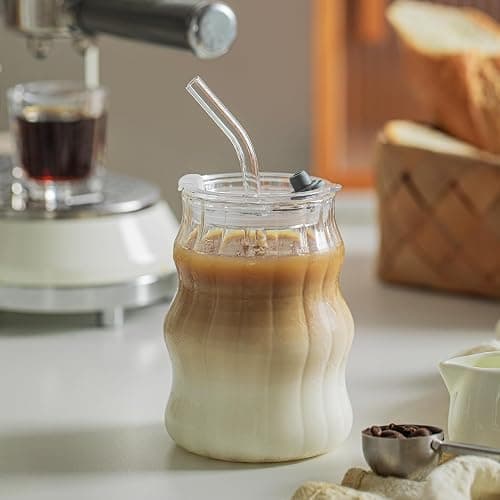 Ribbed Glass Cups with Lids and Straws – Unique Glasses for Iced Coffee, 18oz Vintage Design, Ideal Wavy Coffee Cups with Straws, Bubble Glass Aesthetic, Clear Ribbed Glasses thumbnail 4