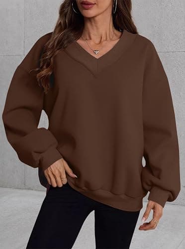 Hilinker Womens V Neck Oversized Sweatshirts Long Sleeve Pullover | Drop Shoulder, Soft Fleece, Cotton Blend, Loose Fit, Ribbed Hem, Casual Tops, Fall Winter Outfits, Everyday Wear, Lounge thumbnail 2