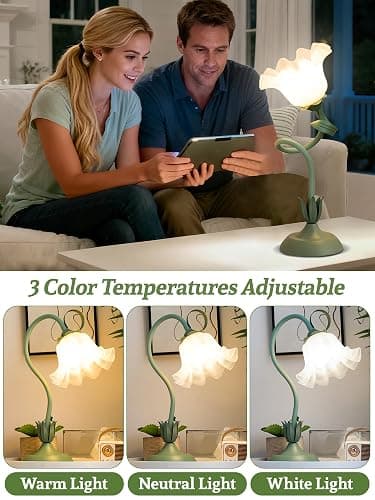 Flower Table Lamp Bedside Lamps LED Reading Light,3 Color Modes Cute Small Lamp,Vintage Flower Lamp Nightstand Lamp Kawaii Table Lamp for Bedroom Living Room Office Dorm Desk Home Decor(Green lamp) thumbnail 3