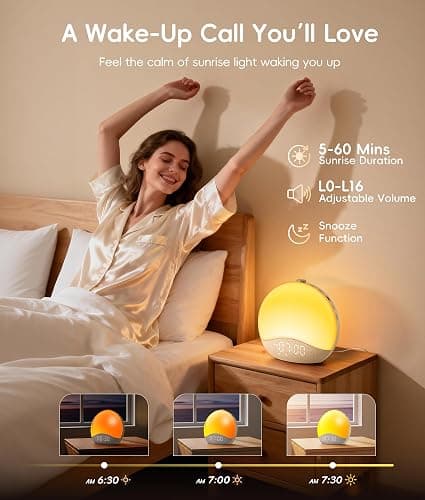 ecozy Sunrise Alarm Clock for Bedroom, White Noise Sound Machine, 26 Soothing Sounds, 17 Night Lights, Bluetooth Speaker, Music-Sync Lights, Wake Up Sunlight for Heavy Sleepers, Adults, Kids - Natural thumbnail 3