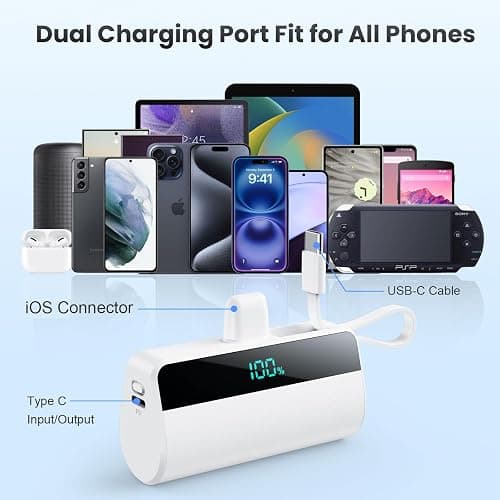 Mini Portable Charger for iPhone with Built in USB C Cable, 5500mAh Small Power Bank 20W PD Fast Charging, LCD Display Battery Pack for iPhone 17/16/15/14/13/12/11/X/8/6 Series Android Galaxy (White) thumbnail 2