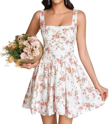 KUTUMAI Floral Corset Mini Dress Square Neck Flowy A Line Cute Graduation Short Dresses for Women Summer 2026 - Image 1