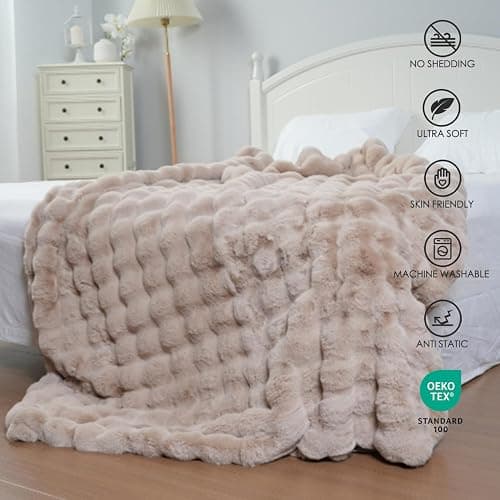 Super Comfort Oversized Warm Thick Bubble Luxury Plush Rabbit Faux Fur Throw Blanket, Fluffy Blanket,Soft Cozy Blanket for Couch Chair Bed Sofa Living Room (Wheat, 60inX80in) thumbnail 3