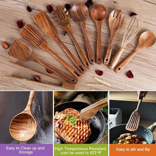 Kitchen Utenails Set with Holder,Kitchen Wooden Utensils for Cooking, Wood Utensil Natural Teak Wood Spoons for Cooking,Wooden Kitchen Utensil Set With Spatula and Ladle (11) thumbnail 4