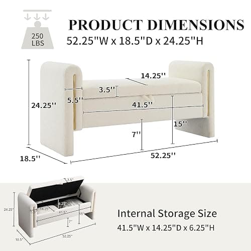 NIOIIKIT 52" Storage Ottoman Bench, Teddy Upholstered Storage Bench with Armrest, Entryway Bench with Pull-Ring, End of Bed Bench with Padded Cushion, Window Bench for Living Room (Beige) thumbnail 2