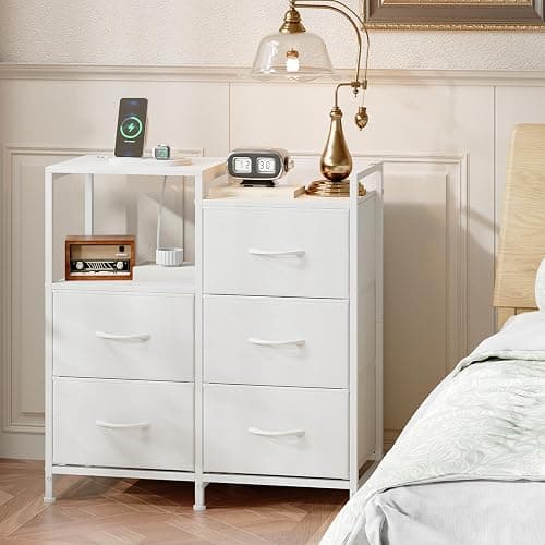 Somdot White Nightstand with Charging Station and LED Light, Wide 5 Drawers Dresser for Bedroom with Fabric Bins and Open Shelf for Bedroom Kids Closet Dorm Guest Room, White Leather thumbnail 8