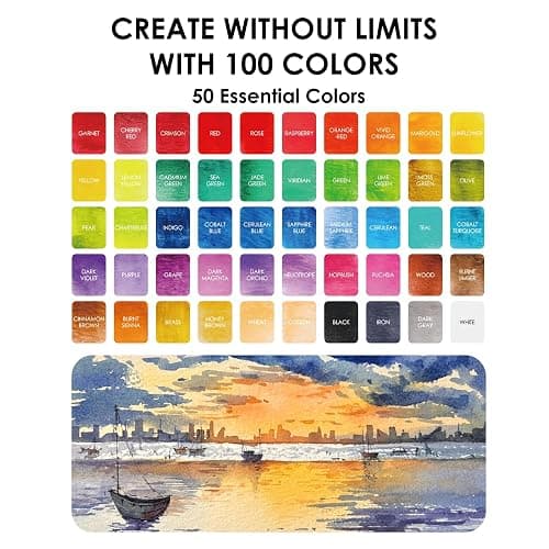 Grabie 100 Colors Premium All-In-One Watercolor Paint Set - 50 Essential, 35 Metallic, 10 Pastels, 5 Neon Hues - Portable Case, Brush Pens, Paper Pad, Waterproof Fineliner Pen, Beginner & Professional thumbnail 3