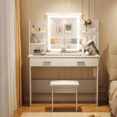 SMOOL Vanity with Lighted Mirror, Makeup Vanity Desk with Glass Top & Power Outlet, 3 Color Light Options, Vanity Table with 6 Storage Shelves, 2 Large Drawers and Cushioned Stool for Bedroom, White - White - Glass thumbnail 6