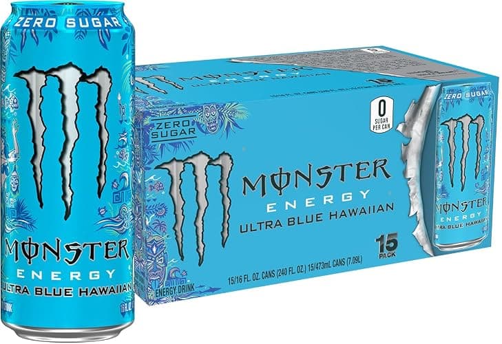 Monster Energy Ultra Blue Hawaiian, Sugar Free Energy Drink, 16 Ounce (Pack of 15) - Image 1